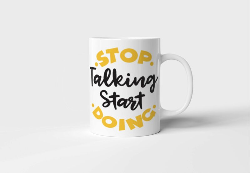 Bílý keramický motivační hrnek Stop Talking Start Doing s potiskem v Brně